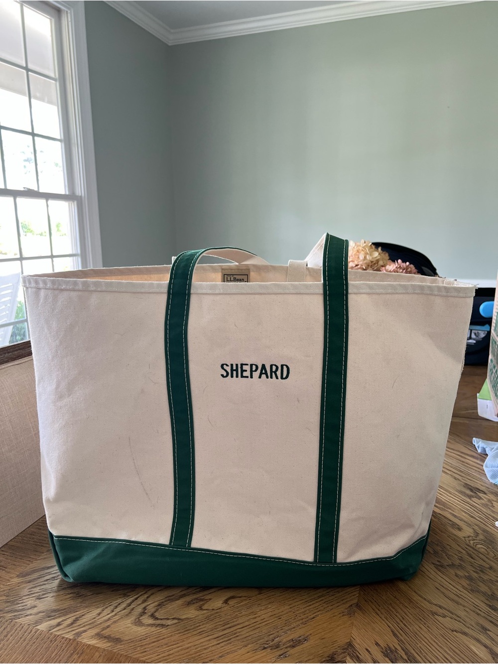 LL Bean boat tote XL in green with monogram